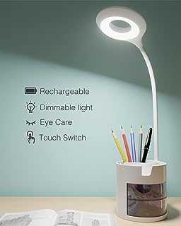 hepside LED Desk Lamp for Study, USB Rechargeable Desk Light 3 Eye-Caring Dimmable Modes Touch Control Flexible Gooseneck Table Lamp Office with Phone Holder&Combined Pen Holder for Read Work(White)