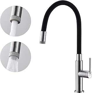KENES Kitchen Mixer Tap, Kitchen Taps with Black Silicone Hose, Kitchen Taps with Two Water Outlet Modes, Bendable & 360° Rotatable Kitchen Sink Taps, Brushed Finish