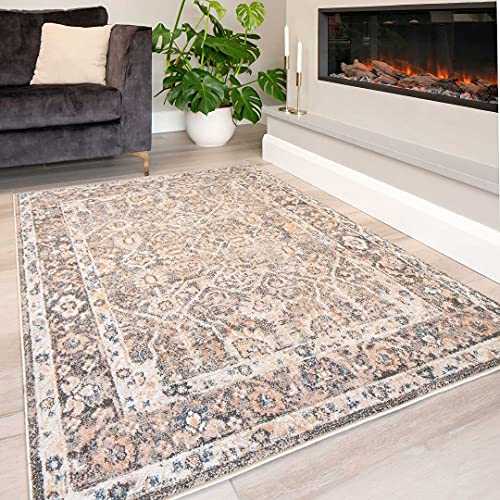 Designer Grey Beige Classic Traditional Persian Style Thick Polyester Carpet Rug Floral Oriental Distressed Bordered Lounge Living Room Hallway Bedroom Kitchen Mat Area Rugs 200cm x 290cm
