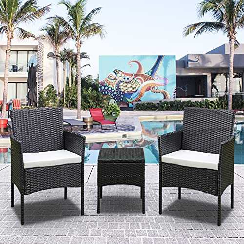 Patio Furniture 2 Seats and Table Outdoor Wicker Bistro Set 3 Pieces Rattan Chair Conversation Sets with Coffee Table for Yard, Poolside, Balcony(UK Stock)