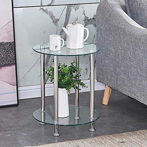 Huisen Furniture Living Room Clear Glass Coffee Table Small Side End Table Round Sofa Modern Tea Table with Storage 2 Tiers (clear round table)