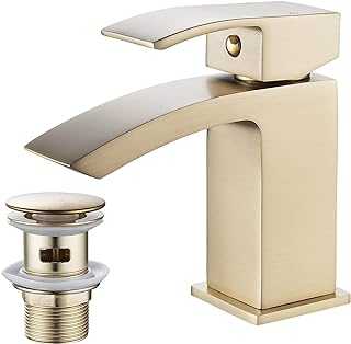 Luckyhome Brushed Gold Basin Taps with Waste Bathroom Waterfall Basin Taps Mixer Faucet