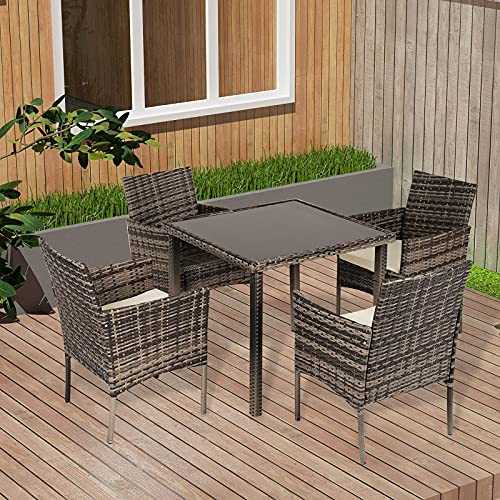 lifetech 5 Piece Rattan Garden Furniture Set Outdoor Rattan Coffee Table and Chairs Set with Cushions Corner Patio Sofa Armchair Dining Set for Indoor Patio Porch Poolside Conservatory