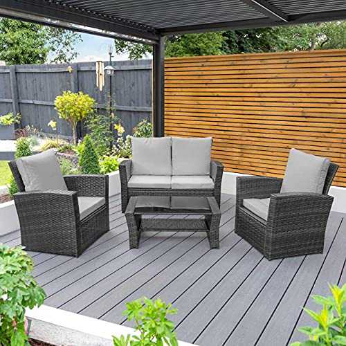 Harrier Rattan Sofa & Table Set - (4 Piece) - Outdoor Patio Garden Furniture | 4 Seater Chair Set With Cushions + Coffee Table | Grey & Brown/Cream Colour Options (Without Cover, Grey)