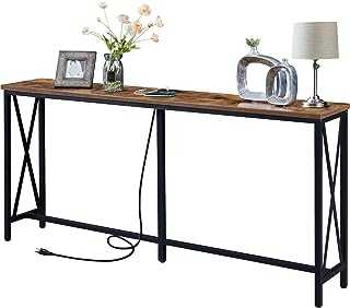 SUPERJARE 70.9 Inch Console Table with 2 Outlet and 2 USB Ports, Extra Long Entryway Table with Metal Frame and X-Shaped Design, Narrow Sofa Table for Living Room and Hallway - Rustic Brown