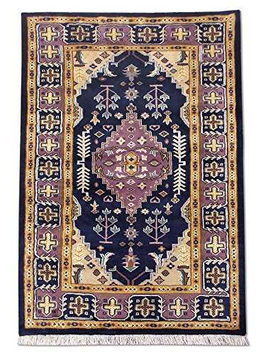 Traditional Persian Handmade Caucasian Rug, Wool/art. Silk (highlights), Deep Midnight Blue, Small, 98.2 X 141.2 cm, 3' 3" x 4' 8" (ft)