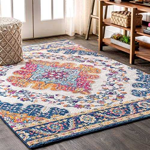 JONATHAN Y BMF106A-3 Bohemian Flair Boho Vintage Medallion Blue/Multi 3 ft. x 5 ft. Area-Rug, Vintage, Easy-Cleaning, for Bedroom, Kitchen, Living Room, Non Shedding