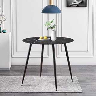 GOLDFAN Round Glass Dining Table Marble Kitchen Table with Black Metal Legs for Dining Room Living Room Office, 90 cm, Black (Table Only)
