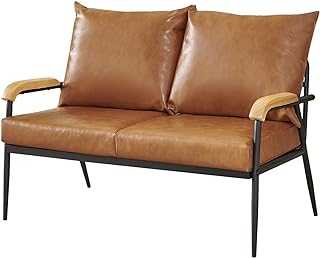 OFCASA 2 Seater Sofa Modern Faux Leather Padded Couch with Arms Upholstered Cushions Double Seat Sofa Armchair for Living Room Lounge Office Garden Patio Light Brown
