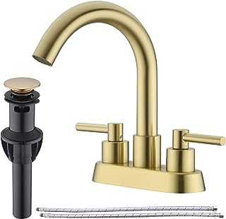 Brushed Gold Bathroom Faucet 2 Handle 4 Inches Centerset Vanity Sink Mixer Tap with Drain Assembly and cUPC Water Supply Lines SUS304 Stainless Steel