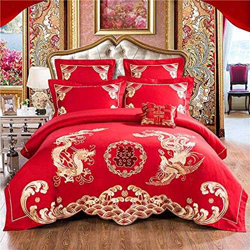 HJRBM 4/7pcs Luxury Egyptian Cotton Gold Embroidery Bedding Set Wedding Bed Set red Duvet Cover Bedsheet Set,12,King Size 7pcs