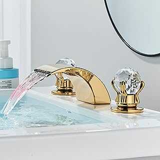 Senlesen Widespread LED Light Waterfall Bathroom Basin Faucet 2 Crystal Knobs Sink Mixer Tap Gold Polished