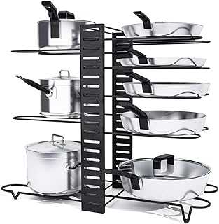 Astoryou Pot Rack Organizer, 8 Tiers Pan Rack Holder Stand Detachable Pot Lid Rack Length Adjustable Shelf Cookware Holders Cabinet Pantry With 3 DIY Methods for Kitchen Counter and Cabinet,Black