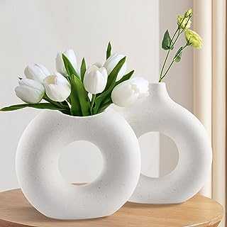 White Ceramic Vase Set of 2, Modern Decorative Boho Flower Vase for Home Decor Office Decoration, Minimalist Circle Hollow Donut Vases for Living Room Bedroom Dinner Table Wedding Party Gifts