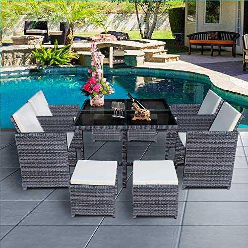 Panana 8 Seater Rattan Garden Furniture Set Dining Table and Chairs Stools Set Outdoor Patio and Conservatory Mixed Grey with Beige Cushion