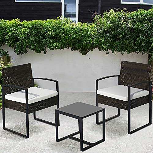 3 Piece Rattan Garden Furniture Set 3 Patio Table Sofa Chair Dining Table Set Indoor Outdoor Weatherproof (Brown)