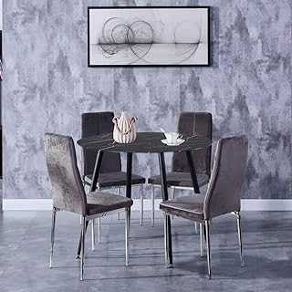 GOLDFAN Black Marble Effect Dining Table and 4 Chairs Round Glass Kitchen Table and Velvet Padded Chairs Dining Table Set,90CM/Grey