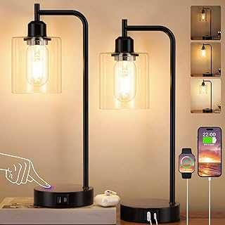 Aooshine Bedside Lamps Set of 2, Industrial Touch Lamps Bedside with USB C+A Charging Ports, Bedside Table Lamps for Bedroom, Black Bedside Lamps with Clear Glass Shade for Living Room(Bulbs Included)