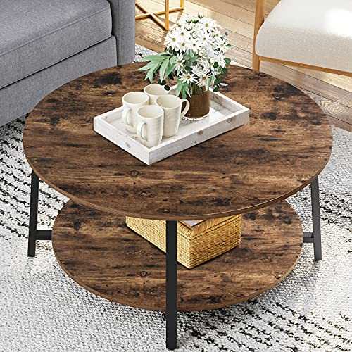 Snughome 35.4’’ Round Coffee Table, 2-Tier Industrial Design Furniture Sofa Table with Storage Open Shelf and Sturdy Metal Legs for Living Room, Wooden Surface Tabletop & Rounded Edges, Rustic Brown
