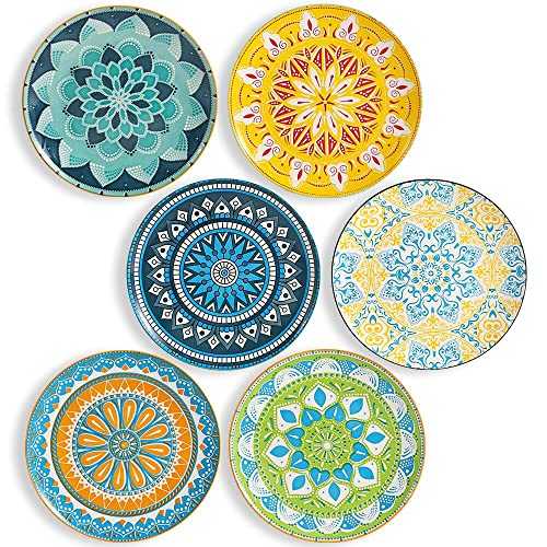 AHX Dinner Plates Ceramic Plate Set - 10 Inch Large Porcelain Round Plate Sets of 6 - Flat Colorful Pattern Dining Plates for Kitchen | Family - Dishwasher | Microwave | Oven Safe