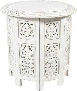 Cotton Craft Jaipur Solid Wood Handcrafted Carved Folding Accent Coffee Table - Antique White - 46 CM Round Top x 46 CM High
