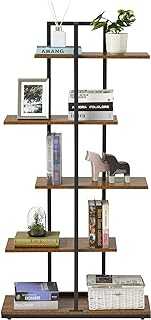 Mondeer Bookshelf, 5-Tier Floor Standing Bookcase, Asymmetrical Staggered Display Shelf, Plant Shelf, Industrial Style, for Living Room, Bedroom, Home Office, 74 x 28 x 144.5 cm, Rustic Brown