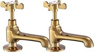 Basin Pillar Taps Pair Gold Basin Sink Hot and Cold Taps Cross Handles Twin Bathroom Taps Traditional Faucet Vintage Victorian Peppermint