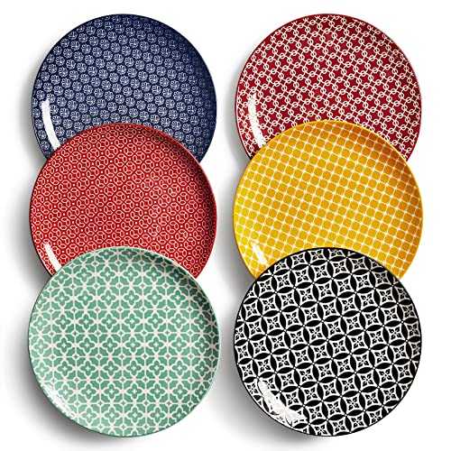 DOWAN 8.5 Inch Ceramic Dinner Plates, Porcelain Pasta Salad Plate Set, Colorful Serving Dishes for Thanksgiving & Christmas - Set of 6, Vibrant Colors