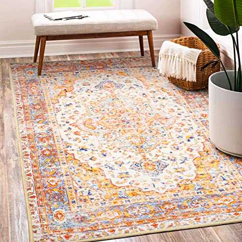 MUJOO Machine Washable Rugs 3x5 Boho Area Rug Small Area Rugs Non Slip for Entryway Bedroom Bedside Kitchen Hallway Living Room Laundry Room Indoor Mat Soft Low-Pile Burnt Orange and Blue