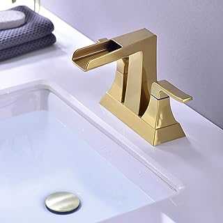 Brushed Gold Waterfall Bathroom Faucet with Overflow Pop Up Drain Assembly, 2 Handle 4 Inch Centerset Vanity Sink Hot Cold Mixer Tap, cUPC Water Supply Lines Included