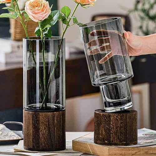 Vase for Flowers, Glass Vase with Wooden Base, Large Vase for Flowers, 31cm Tall Vases for Home Decor Kitchen Table and Living Room(Grey)