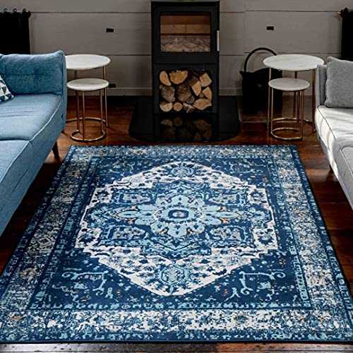 Traditional Oriental Style Medallion Navy Blue Living Room Carpet Rug Antique Distressed Persian Style Affordable Area Rugs 160cm x 230cm