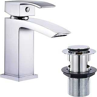 Hapilife Basin Taps Waterfall with Pop up Waste Square Bathroom Sink Mixer Taps with UK Standard Hoses