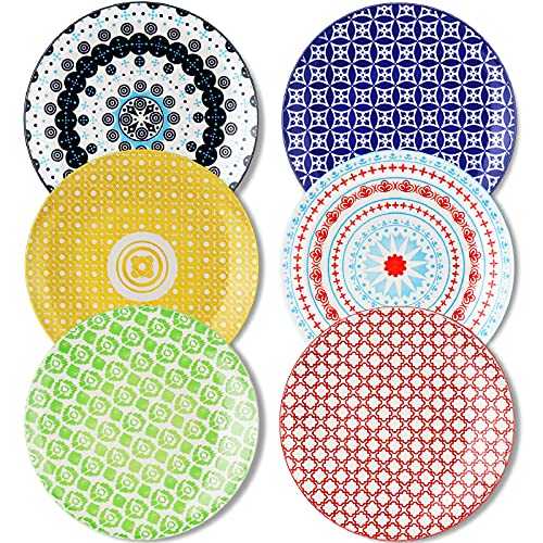 DeeCoo Large Dinner Plates Set, Premium Porcelain Dinnerware for Restaurant, Kitchen, Family Party Use, 10.5 Inch Salad Serving Dishes Set of 6, Dishwasher & Microwave Safe, Assorted Pattern Plates