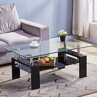 GOLDFAN Rectangle Glass Coffee Tables High Gloss Storage Side Table with Lower Shelf Modern Living Room Furniture/Black