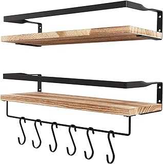 AGM Floating Shelves Wall Mounted Shelf, Wooden Wall Shelves Racking Set of 2 for Bedroom, Bathroom, Living Room, Kitchen Storage w/ 1 Towel Bar and 6 S Hooks, Max Load 33lbs