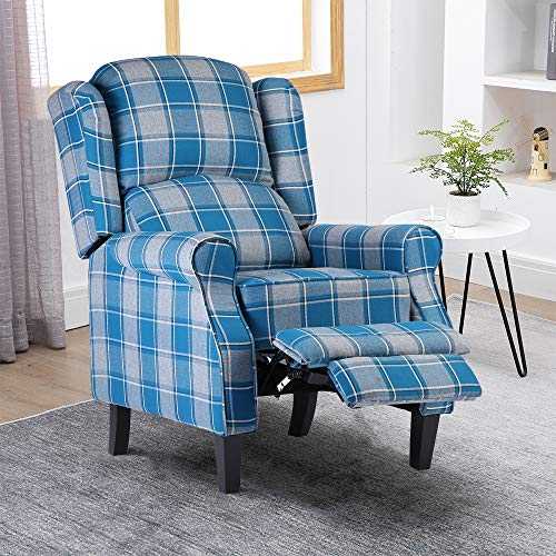 Ansley&HosHo-EU Pushback Recliner Chair for Elderly People, Overstuffed Lounge Couch Single Sofa with Checker Fabric Cover, Accent Upholstered Reclining Armchair for Living Room Recreation Room, Blue