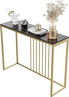 Slim Console Table Hallway Unit: Black Gold Lines Pattern Marble Top Consoles Desk Long 100cm High Gloss Sintered Stone Marbles Effect and Gold Frame Narrow Tall Modern Sofa Side Tables Living room