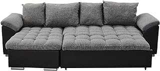 L Shape Corner Cum Sofa Bed Sleep Function 197x123cm 3 Seater Sofas With Storage Container New Linen Fabric + Faux Leather,Grey black,