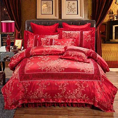 HJRBM Golden Red Luxury Wedding Bedding Set Cotton Stain Jacquard Bed Set Duvet/Quilt Cover Thick Bed Skirt Set Pillow,Color 3,Super King Size 6pcs (Color 4 Full size 6pcs)