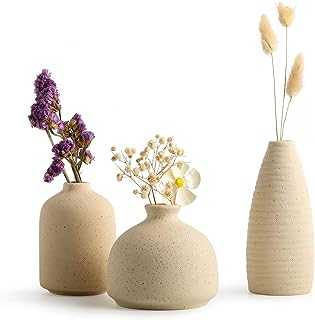 Linmaya Beige Ceramic Vases, Small Flower Vases for Home Decor Set of 3, Small Cute Vases for Shelf, Bookshelf, Table, Mantel, Entryway, Living Room, Rustic Modern Farmhouse Decor