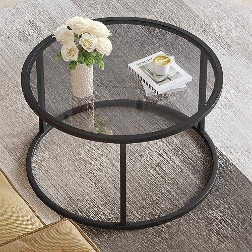 SAYGOER Round Coffee Table Glass Coffee Tables for Small Space Simple Modern Center Table for Living Room Home Office, Sofa Side Table with Metal Steel Frame, Easy Assembly, Gray Black