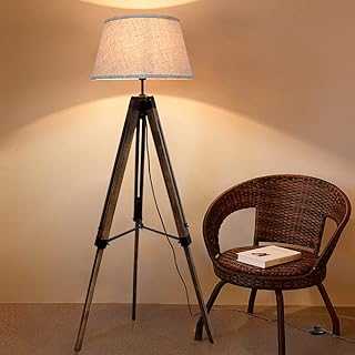 Retro Wooden Adjustable Tripod Floor Lamp, Designer Led Reading Free Standing lamp, 3000k Warm White Classic Led Floor Light for Living Room, Bedside, Study and Office with 8W E27 Bulb, Beige Shade