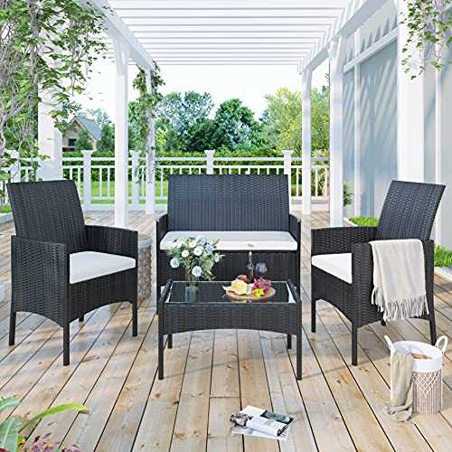 PULUOMIS Black Rattan Garden Furniture Set for Outdoor Garden or Indoor Conservatory, 4 Pcs Set Rattan Sofa Chairs, Rattan Table with Tempered Glass Table Top