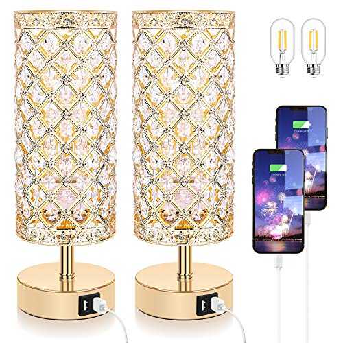 Touch Control Crystal Table Lamp Set of 2 Bedside Nightstand Lamps with 2 USB Charging Ports, 3-Way Dimmable, K9 Crystal Decorative Desk Lamp for Bedroom, Bulbs Included