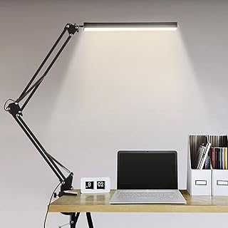 LED Desk Lamp with Clamp, Swing Arm Desk Lamp, Eye-caring Dimmable Desk Light with 10 Brightness Level, 3 Lighting Modes, Adjustable Table Lamp for Study, Drawing, Office, Architect, Task, Workbench