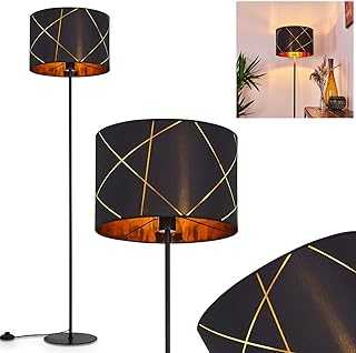 Floor lamp Opatija in nickel-mat metal & stylish black & gold fabric shade with geometrical pattern, Ø 38cm, on/off switch on the cable, height 151 cm, for 1 x E27 max 60 Watt light bulb, LED suitable