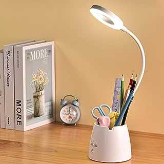 Desk Lamp, Battery Operated Table Lamps for Bedroom, Dimmable LED Desk Light with 3 Light Modes, Gooseneck, Study Reading Lamp with Pen & Phone Holder, Battery Powered Light for Study Desk, Office