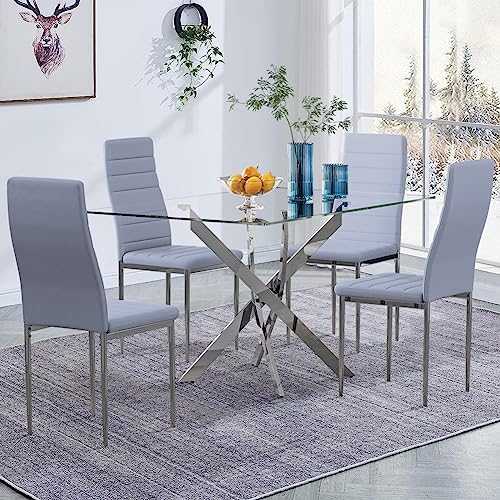 GOLDFAN Glass Dining Table and Chairs Set of 4 Modern Rectangle Kitchen Table and PU Leather Chairs Dining Room Set,Grey