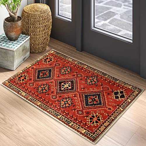 Estmy Oriental Persian Throw Rugs 2x3 Faux Wool Soft Fuzzy Distressed Turkish Small Area Rug Tribal Vintage Geometric Bathroom Kitchen Rugs Rubber Backed Indoor Entryway Door Mat (2x3, Orange)
